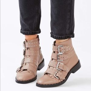Topshop Leather Biker Boots in Taupe